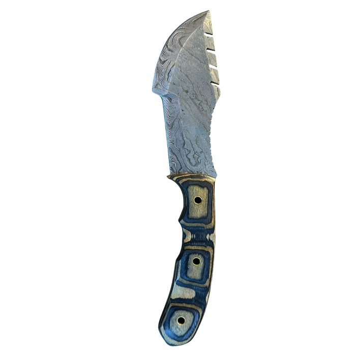 Hand-Made Tracker Knife with Grooved Damascus Steel Blade – Tan and Grey Pakkawood Handle with Brass Pipe Rivets