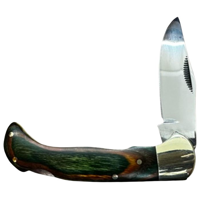 Grabber Edge PW 3.75”, Handmade and Hand-Polished Sabre Clip Blade Knife with Brown and Green Pakkawood Handle