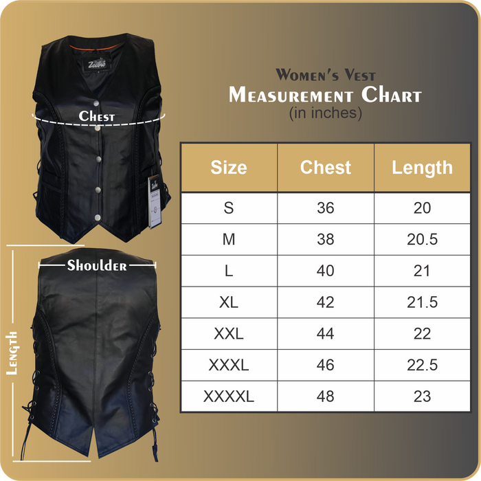 ZeeWomen's MC–321 Black Leather Braided Vest with Adjustable Lacing