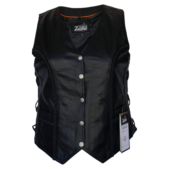 ZeeWomen's MC–321 Black Leather Braided Vest with Adjustable Lacing