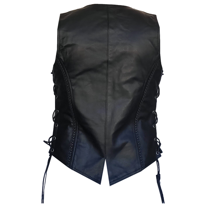 ZeeWomen's MC–321 Black Leather Braided Vest with Adjustable Lacing