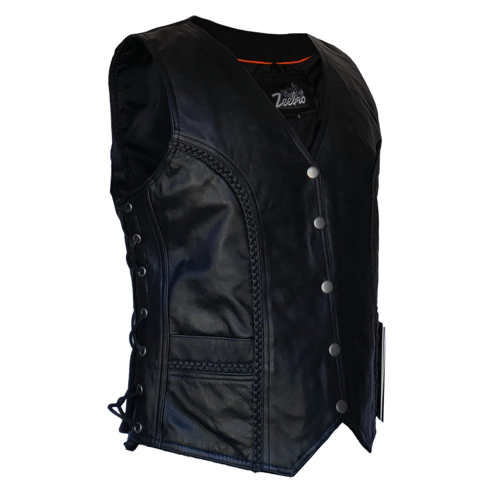 ZeeWomen's MC–321 Black Leather Braided Vest with Adjustable Lacing