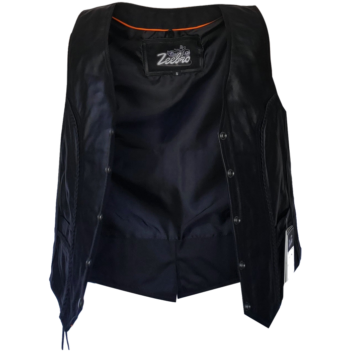 ZeeWomen's MC–321 Black Leather Braided Vest with Adjustable Lacing
