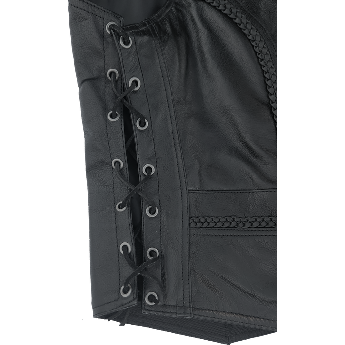 ZeeWomen's MC–321 Black Leather Braided Vest with Adjustable Lacing