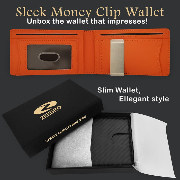 Zeebro Slim Wallet for Men -12 Card Slots, ID Window, Money Clip, Minimalist, RFID, Front Pocket Leather Wallet