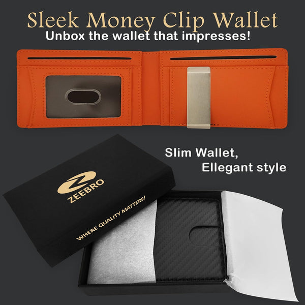 Zeebro Slim Wallet for Men -12 Card Slots, ID Window, Money Clip, Minimalist, RFID, Front Pocket Leather Wallet