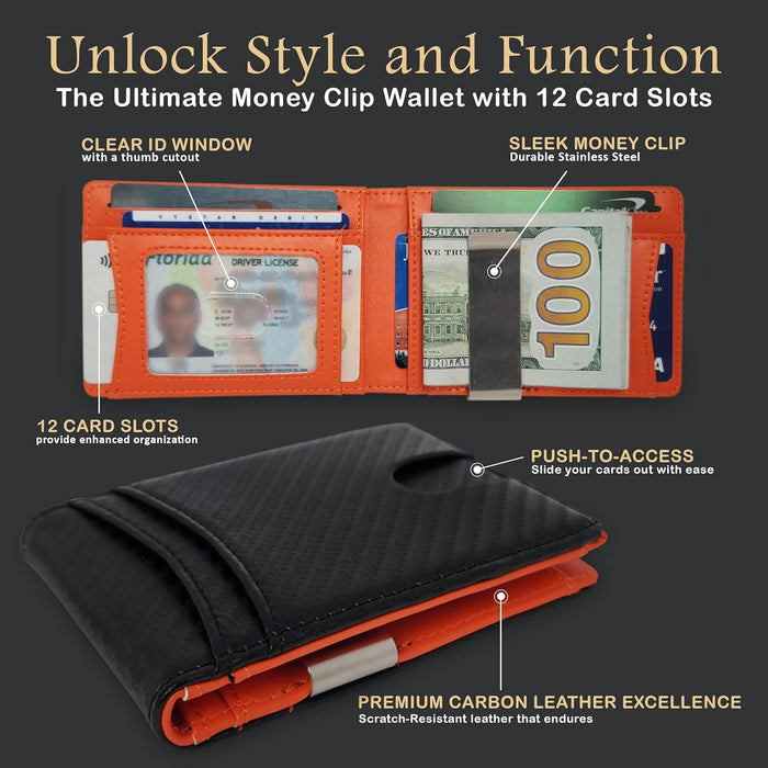 Zeebro Slim Wallet for Men -12 Card Slots, ID Window, Money Clip, Minimalist, RFID, Front Pocket Leather Wallet