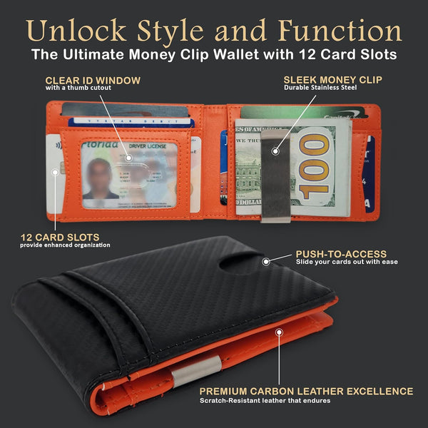 Zeebro Slim Wallet for Men -12 Card Slots, ID Window, Money Clip, Minimalist, RFID, Front Pocket Leather Wallet