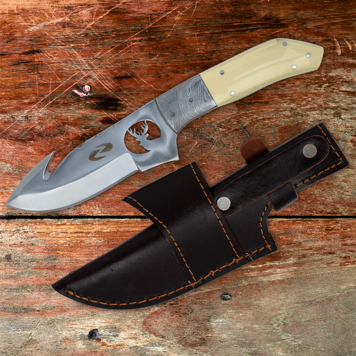 Cervid Gut Hook Knife | Laser Cut Stag Carving on the Blade, Ivory Handle, Full Tang