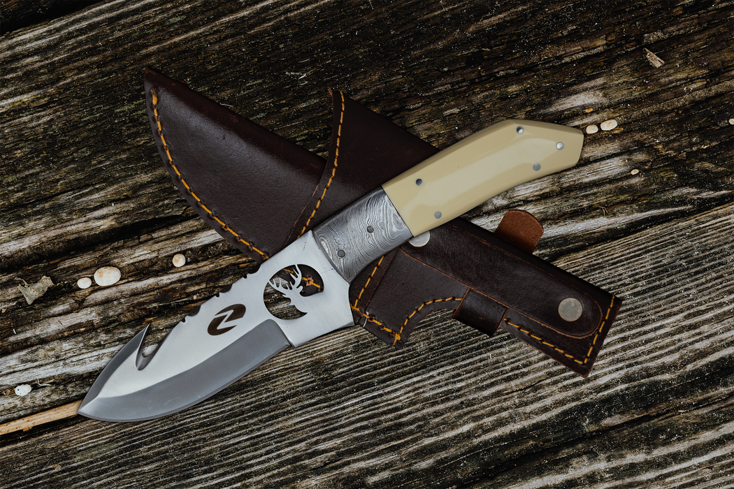 Cervid Gut Hook Knife | Laser Cut Stag Carving on the Blade, Ivory Handle, Full Tang
