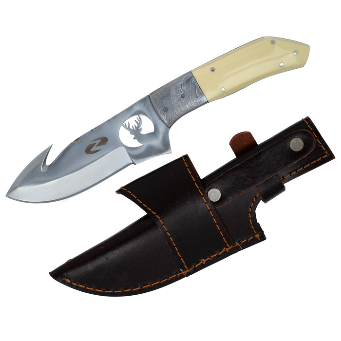 Cervid Gut Hook Knife | Laser Cut Stag Carving on the Blade, Ivory Handle, Full Tang
