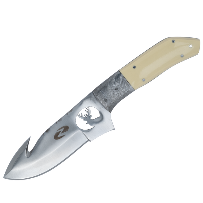 Cervid Gut Hook Knife | Laser Cut Stag Carving on the Blade, Ivory Handle, Full Tang