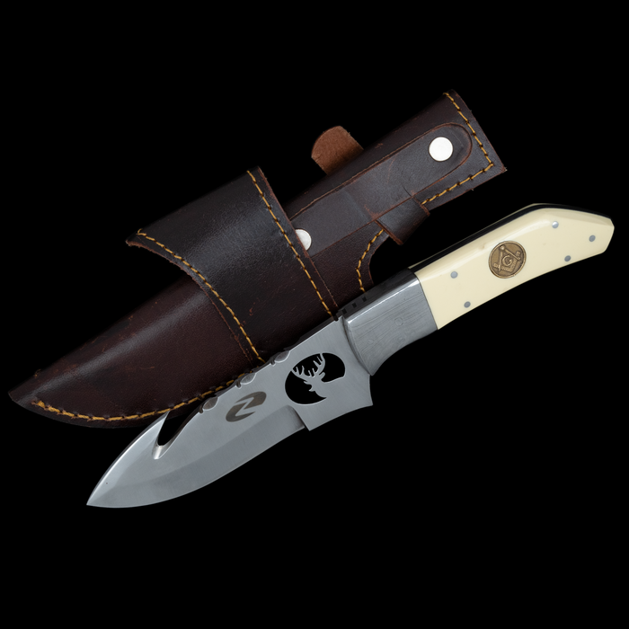 Cervid Gut Hook Knife | Laser Cut Stag Carving on the Blade, Ivory Handle, Full Tang