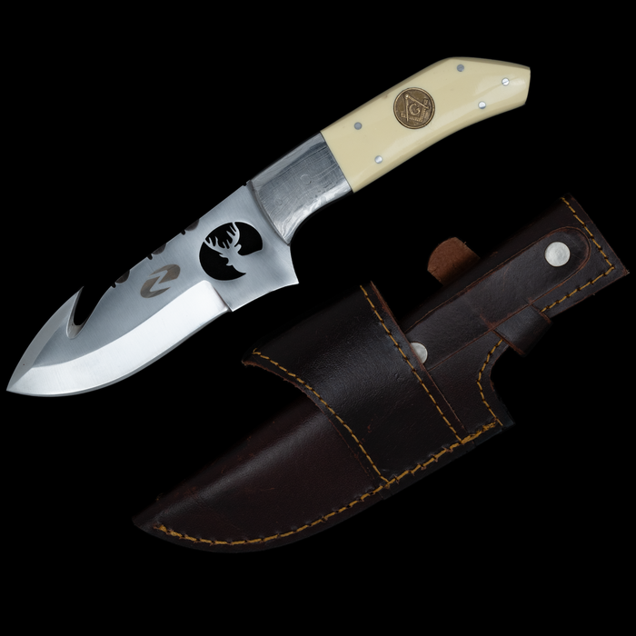 Cervid Gut Hook Knife | Laser Cut Stag Carving on the Blade, Ivory Handle, Full Tang