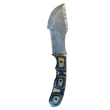 Hand-Made Tracker Knife with Grooved Damascus Steel Blade – Tan and Grey Pakkawood Handle with Brass Pipe Rivets