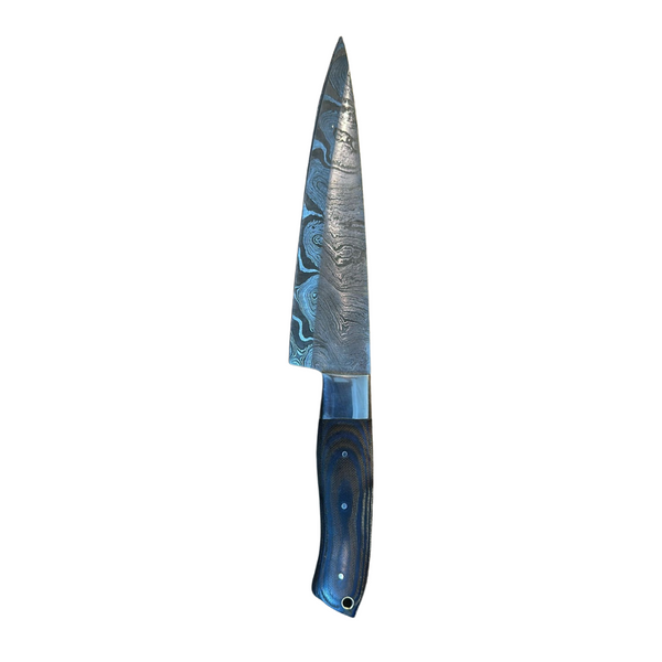 Damascus Steel Tidal Edge Dagger: Blue and Brown Pakkawood Handle Fixed Blade Knife