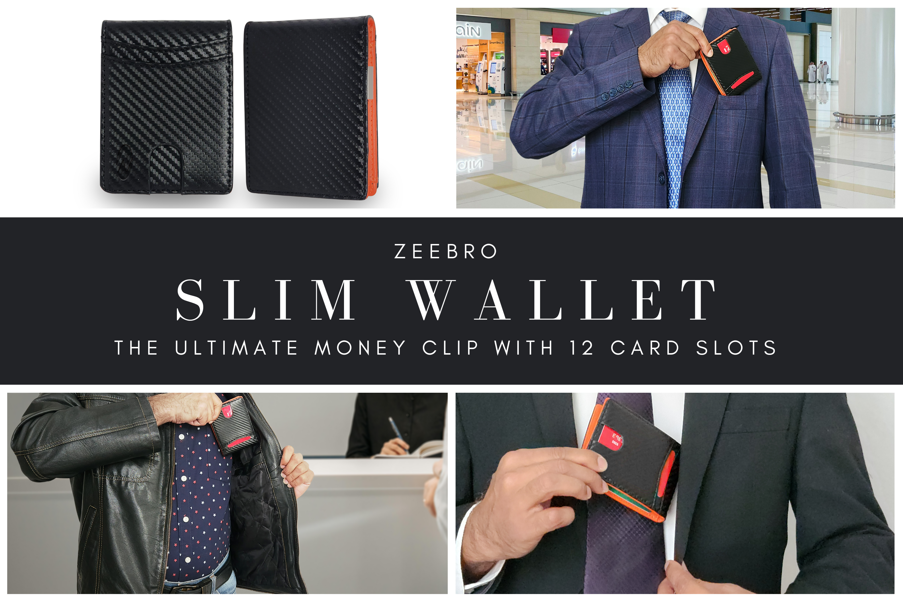 Zeebro Slim Wallet for Men – RFID-blocking minimalist wallet with 12 card slots and stainless steel money clip in premium carbon leather.