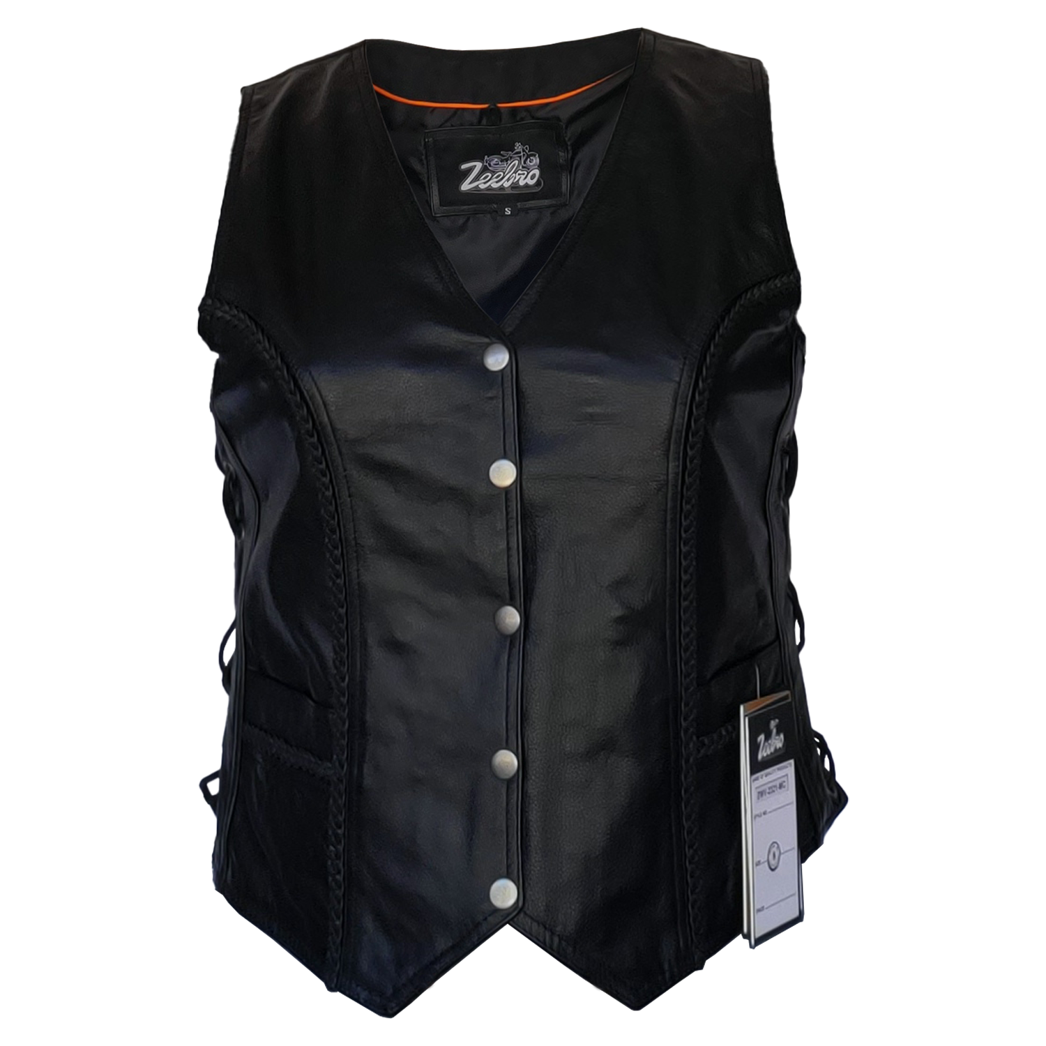 ZeeWomen's MC–321 Black Leather Braided Vest with Adjustable Lacing