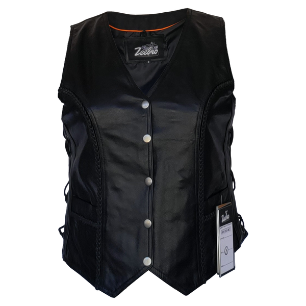 ZeeWomen's MC–321 Black Leather Braided Vest with Adjustable Lacing