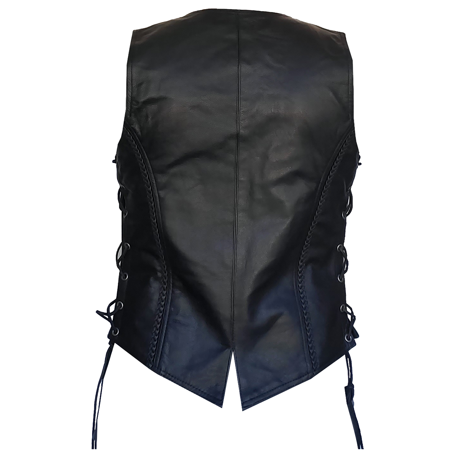 ZeeWomen's MC–321 Black Leather Braided Vest with Adjustable Lacing