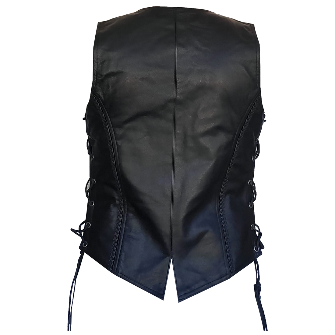 ZeeWomen's MC–321 Black Leather Braided Vest with Adjustable Lacing