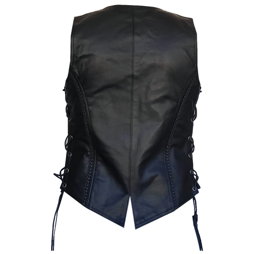 ZeeWomen's MC–321 Black Leather Braided Vest with Adjustable Lacing