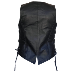 ZeeWomen's MC–321 Black Leather Braided Vest with Adjustable Lacing