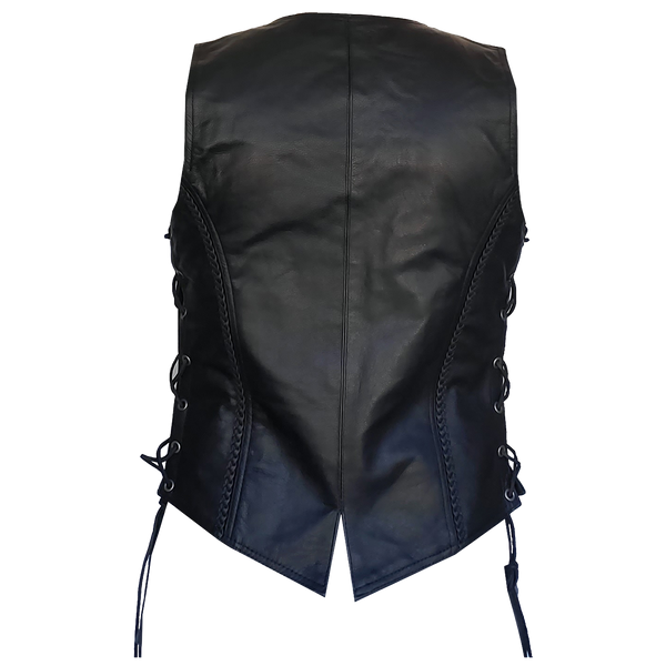 ZeeWomen's MC–321 Black Leather Braided Vest with Adjustable Lacing