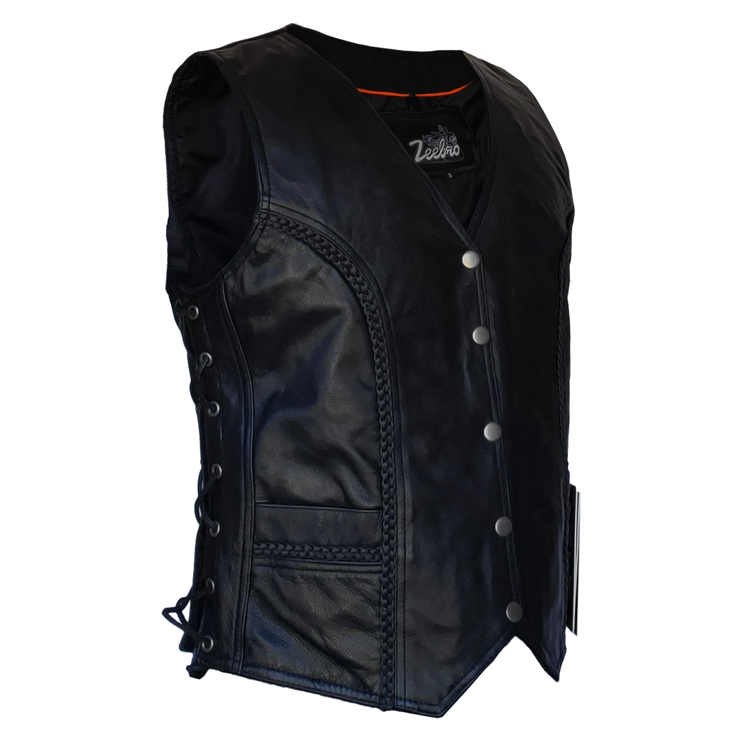 ZeeWomen's MC–321 Black Leather Braided Vest with Adjustable Lacing