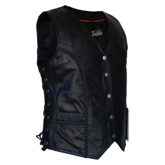 ZeeWomen's MC–321 Black Leather Braided Vest with Adjustable Lacing