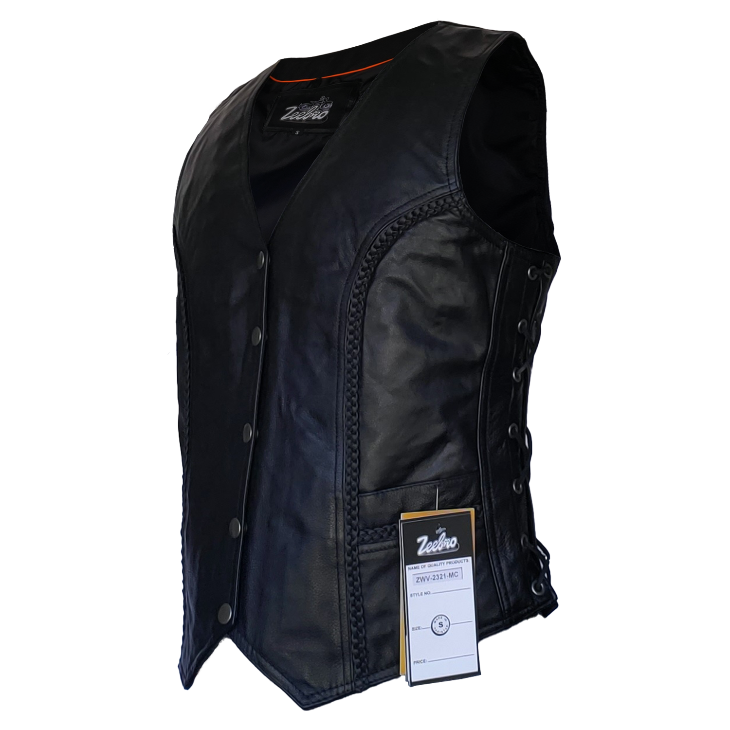 ZeeWomen's MC–321 Black Leather Braided Vest with Adjustable Lacing