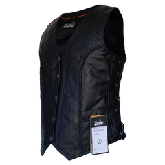 ZeeWomen's MC–321 Black Leather Braided Vest with Adjustable Lacing