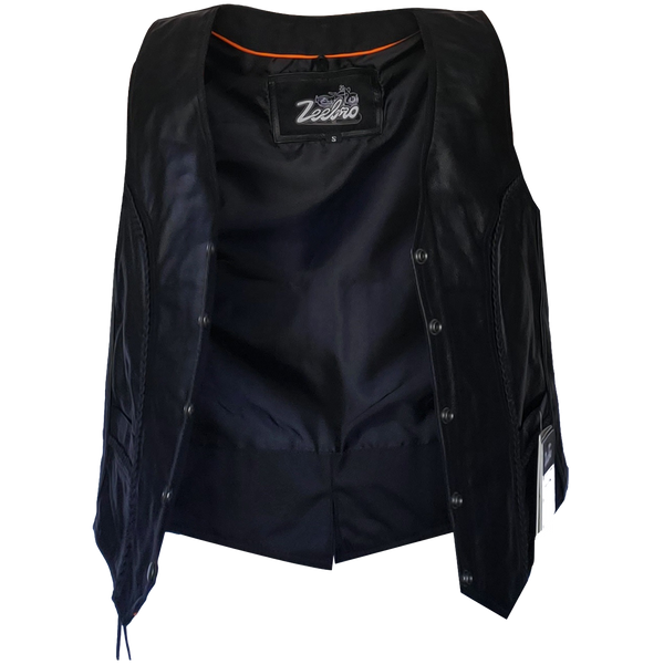 ZeeWomen's MC–321 Black Leather Braided Vest with Adjustable Lacing