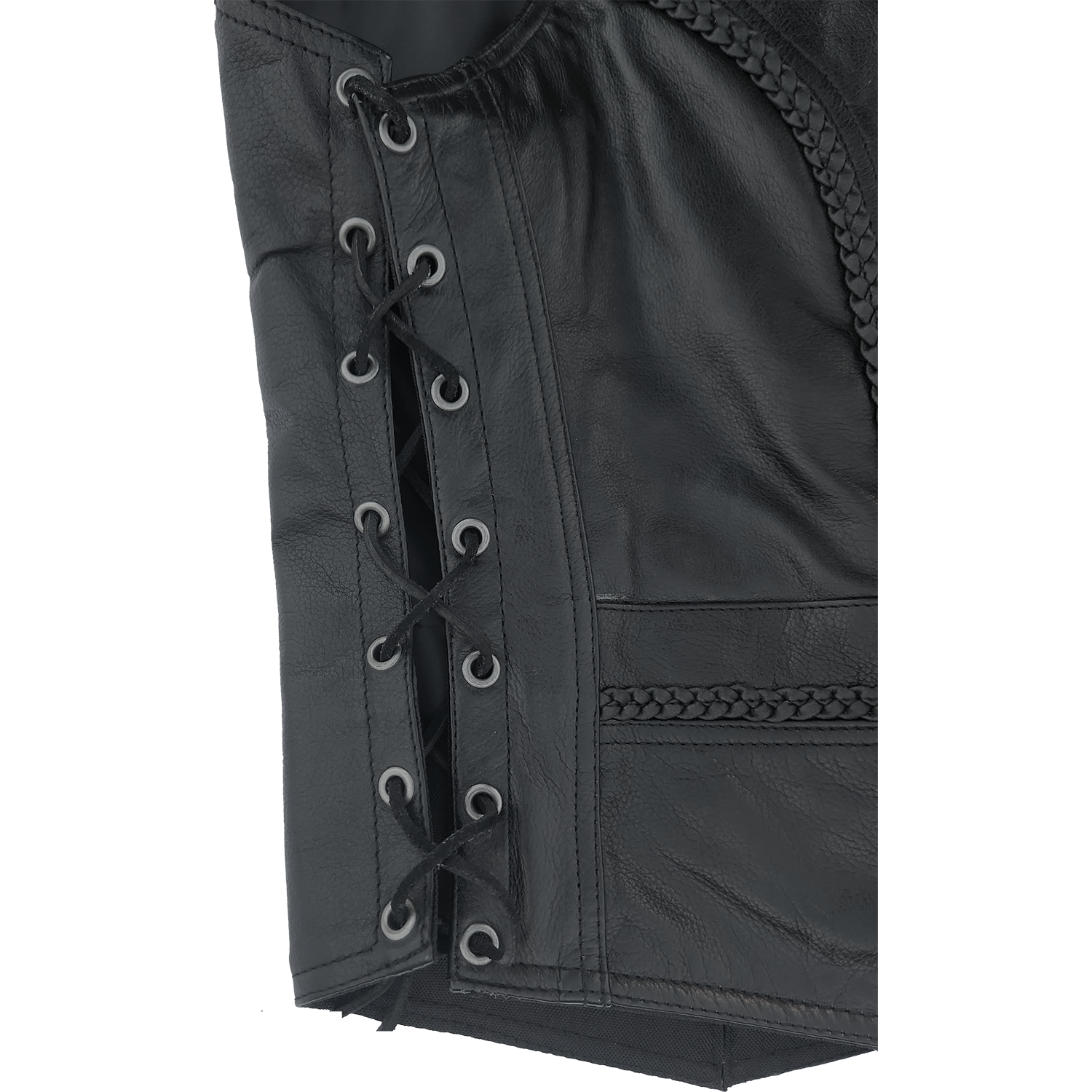 ZeeWomen's MC–321 Black Leather Braided Vest with Adjustable Lacing